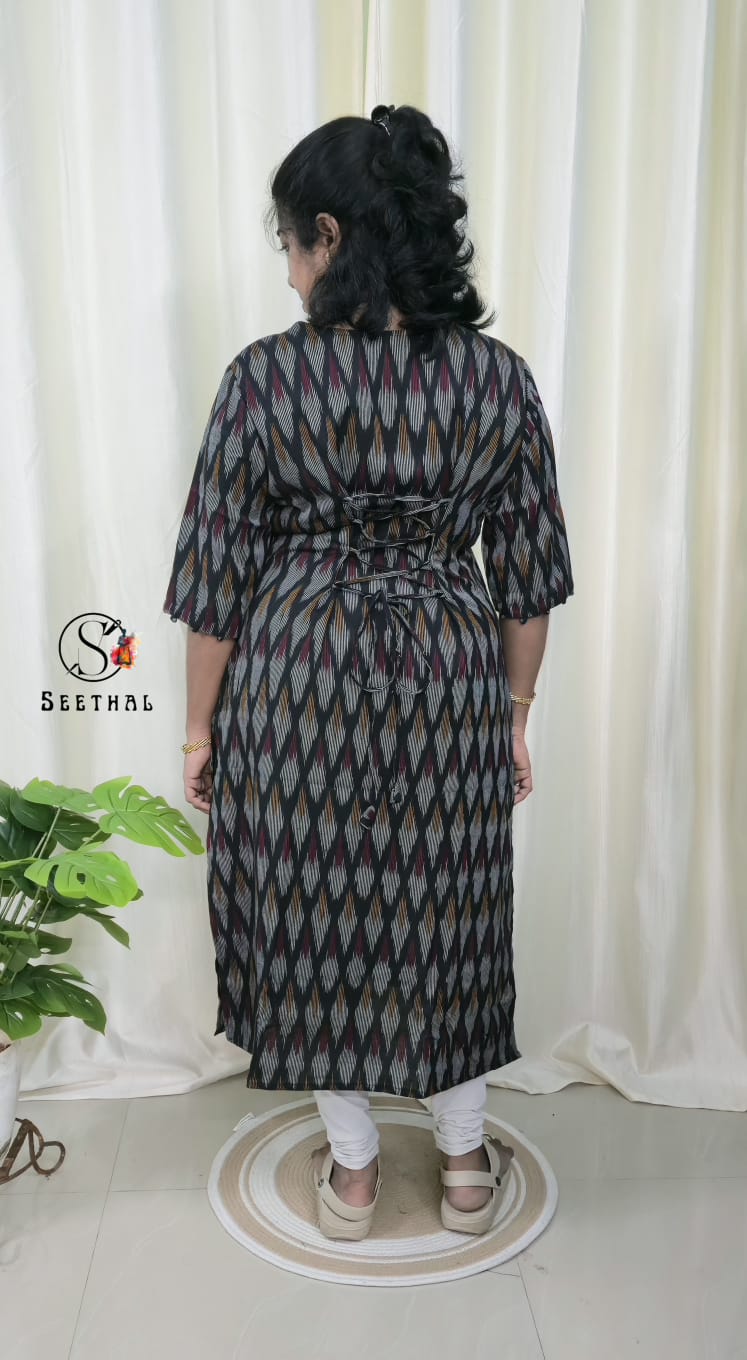 Black Ikkat Cotton Side Slit Kurti with Adjustable Back Corset