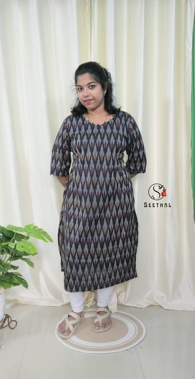 Black Ikkat Cotton Side Slit Kurti with Adjustable Back Corset