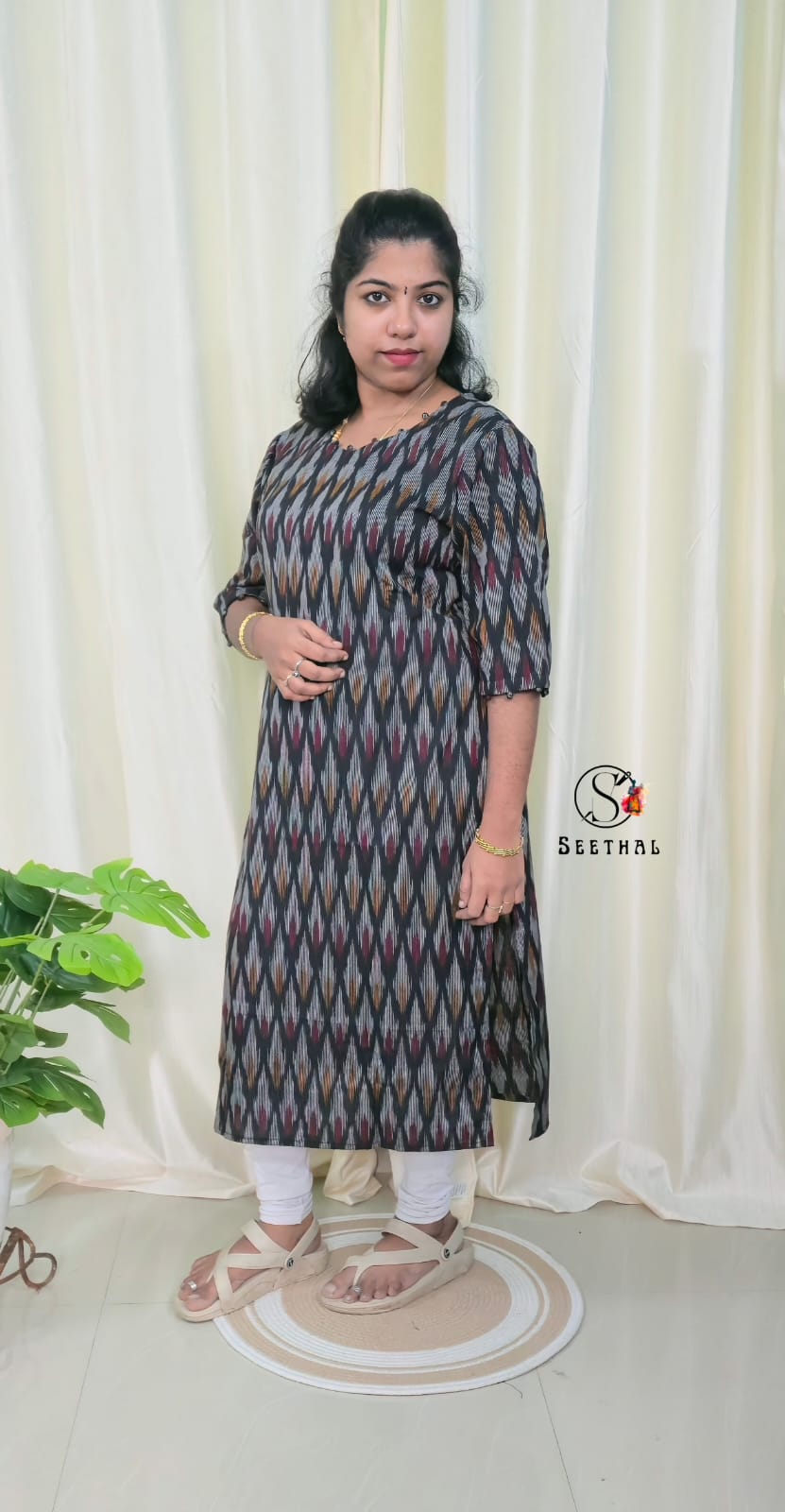 Black Ikkat Cotton Side Slit Kurti with Adjustable Back Corset