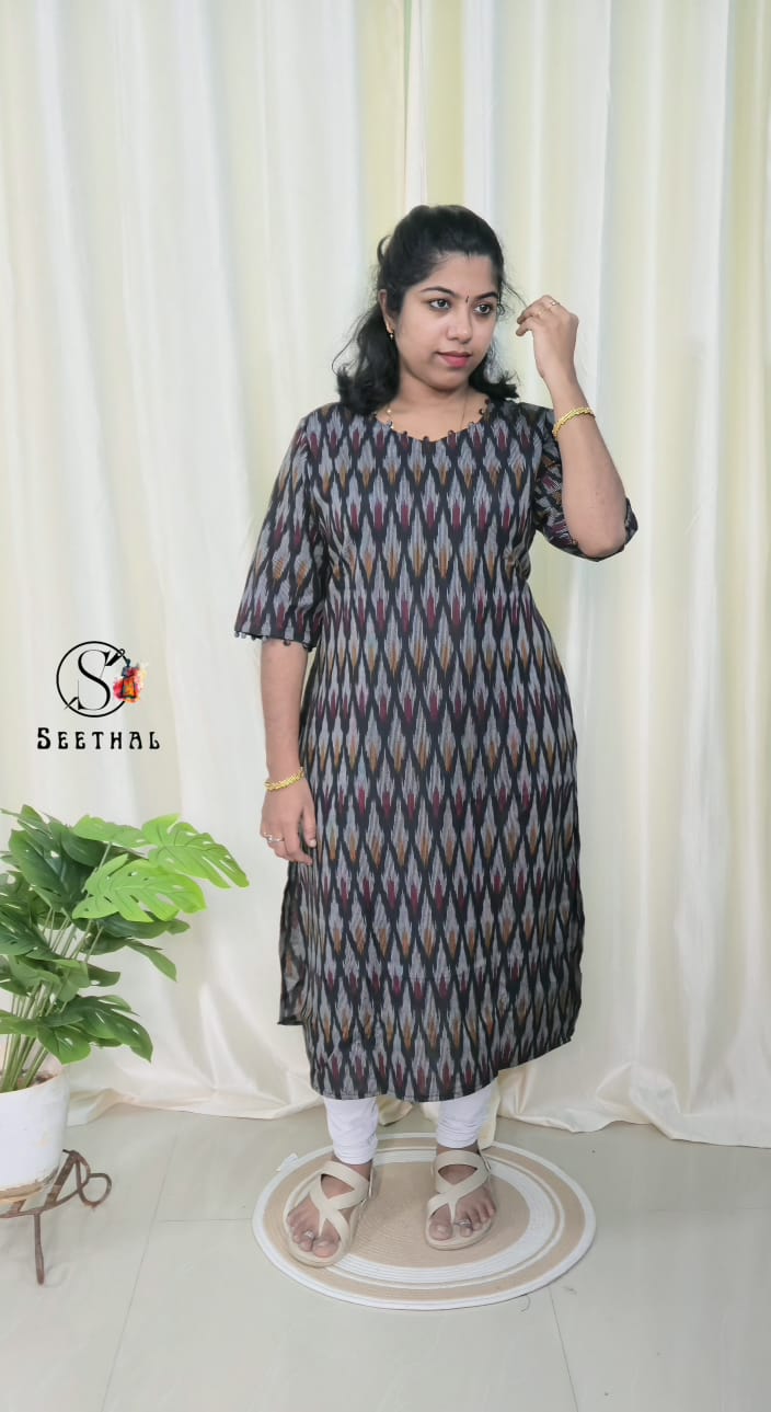 Black Ikkat Cotton Side Slit Kurti with Adjustable Back Corset