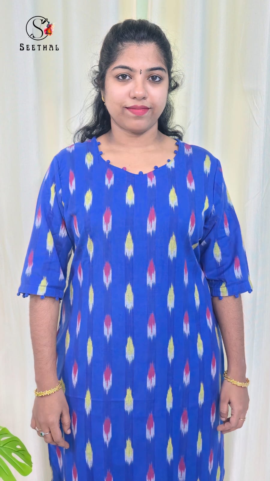 Royal Blue Ikkat Cotton Side Slit Kurti with Adjustable Back Corset