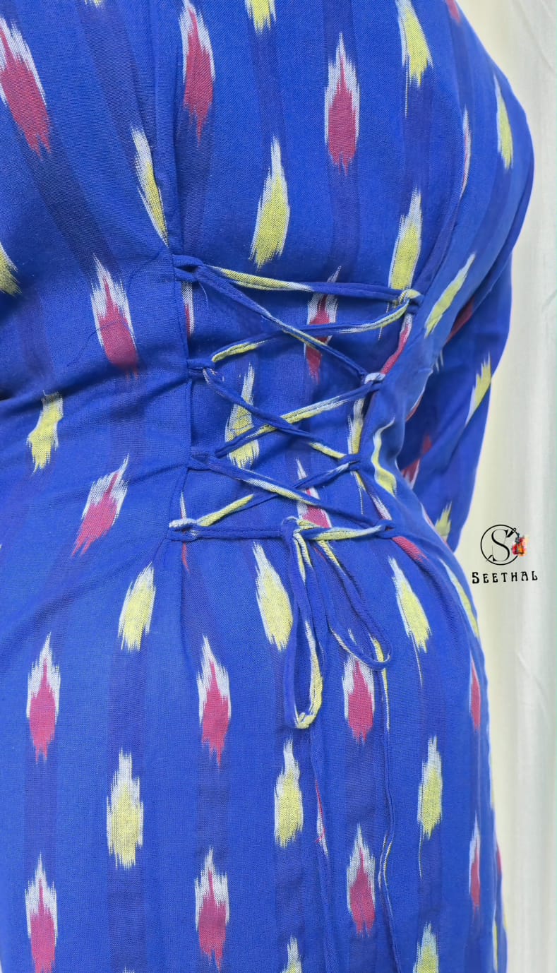 Royal Blue Ikkat Cotton Side Slit Kurti with Adjustable Back Corset