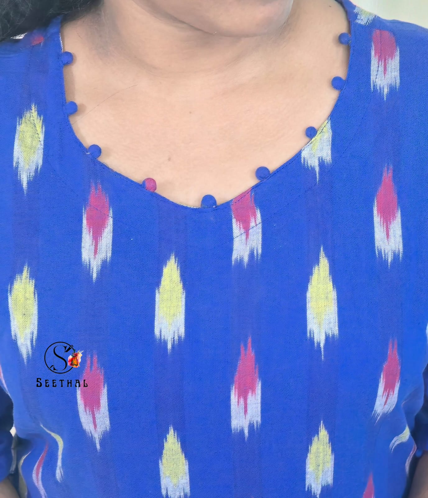 Royal Blue Ikkat Cotton Side Slit Kurti with Adjustable Back Corset