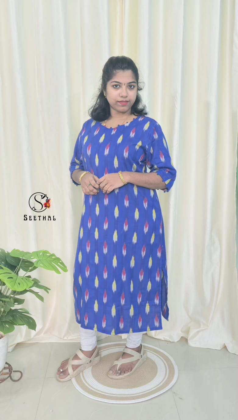Royal Blue Ikkat Cotton Side Slit Kurti with Adjustable Back Corset