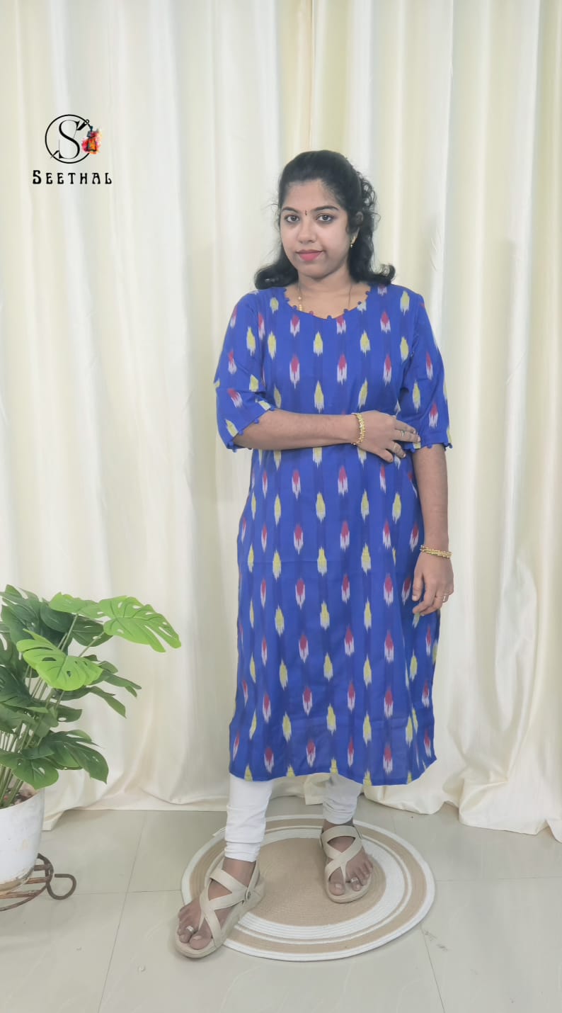 Royal Blue Ikkat Cotton Side Slit Kurti with Adjustable Back Corset