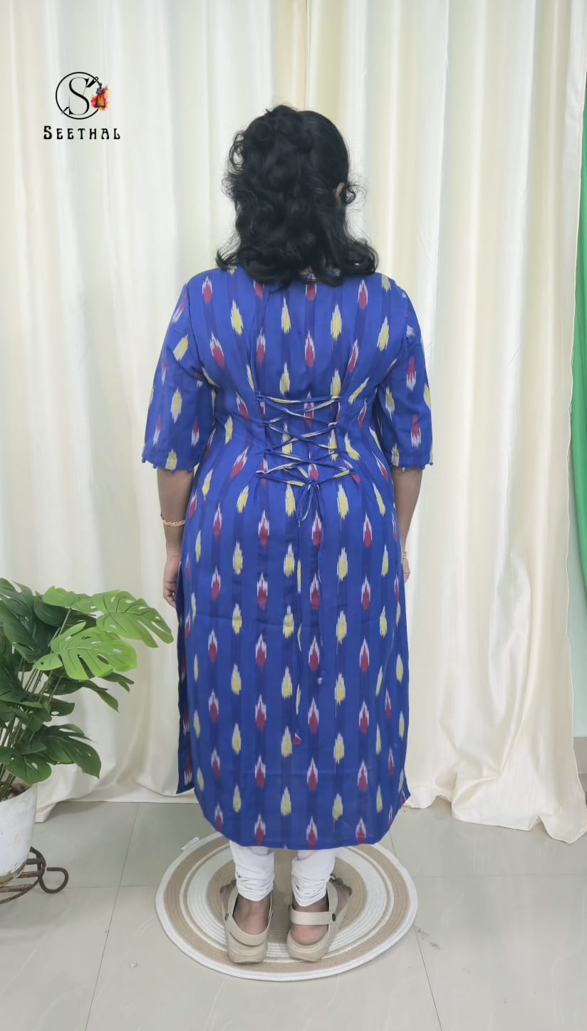 Royal Blue Ikkat Cotton Side Slit Kurti with Adjustable Back Corset