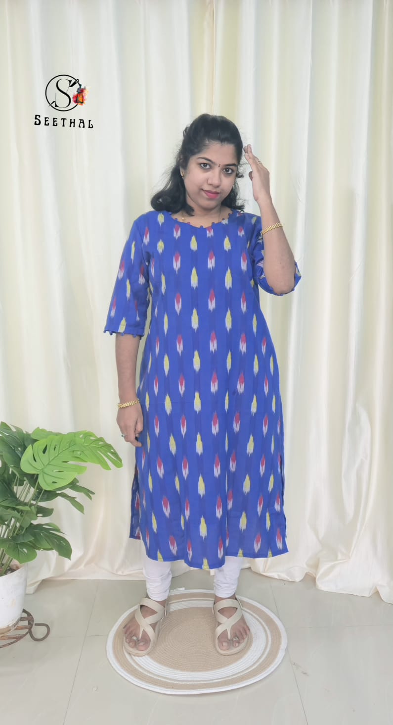Royal Blue Ikkat Cotton Side Slit Kurti with Adjustable Back Corset