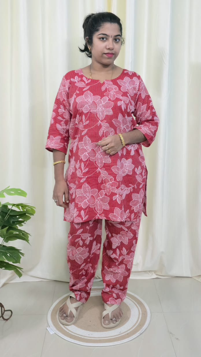 Red Kantha Printed Cotton Lounge Wear