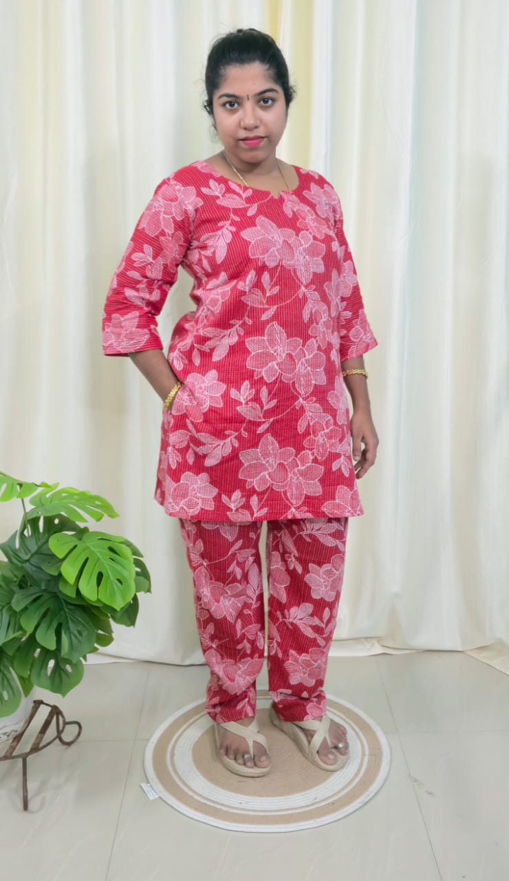 Red Kantha Printed Cotton Lounge Wear