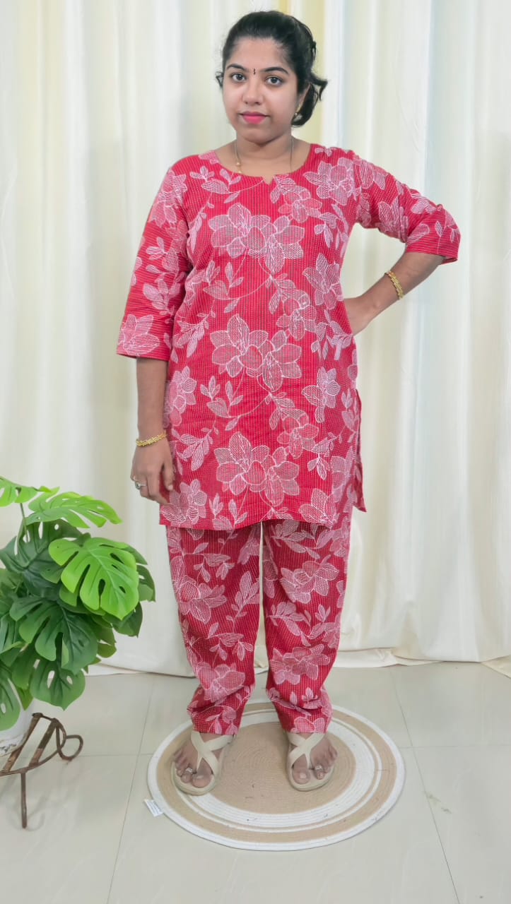Red Kantha Printed Cotton Lounge Wear