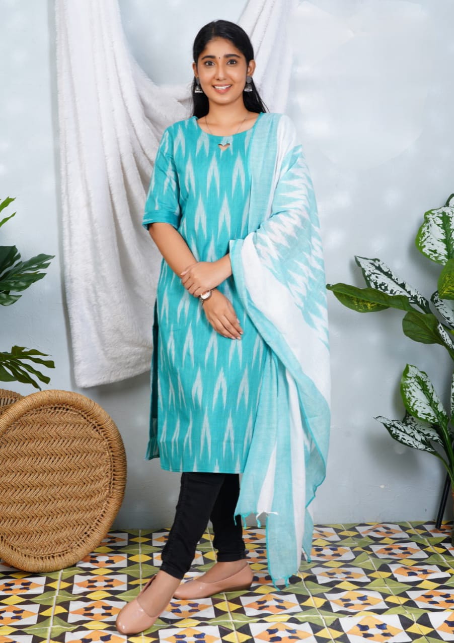 Light Green Ikkat Cotton Lining Kurti with Dupatta