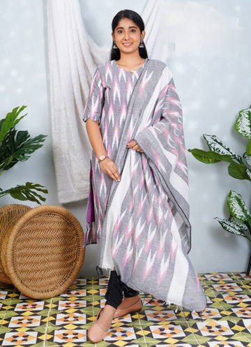 Grey with Pink Ikkat Cotton Lining Kurti with Dupatta