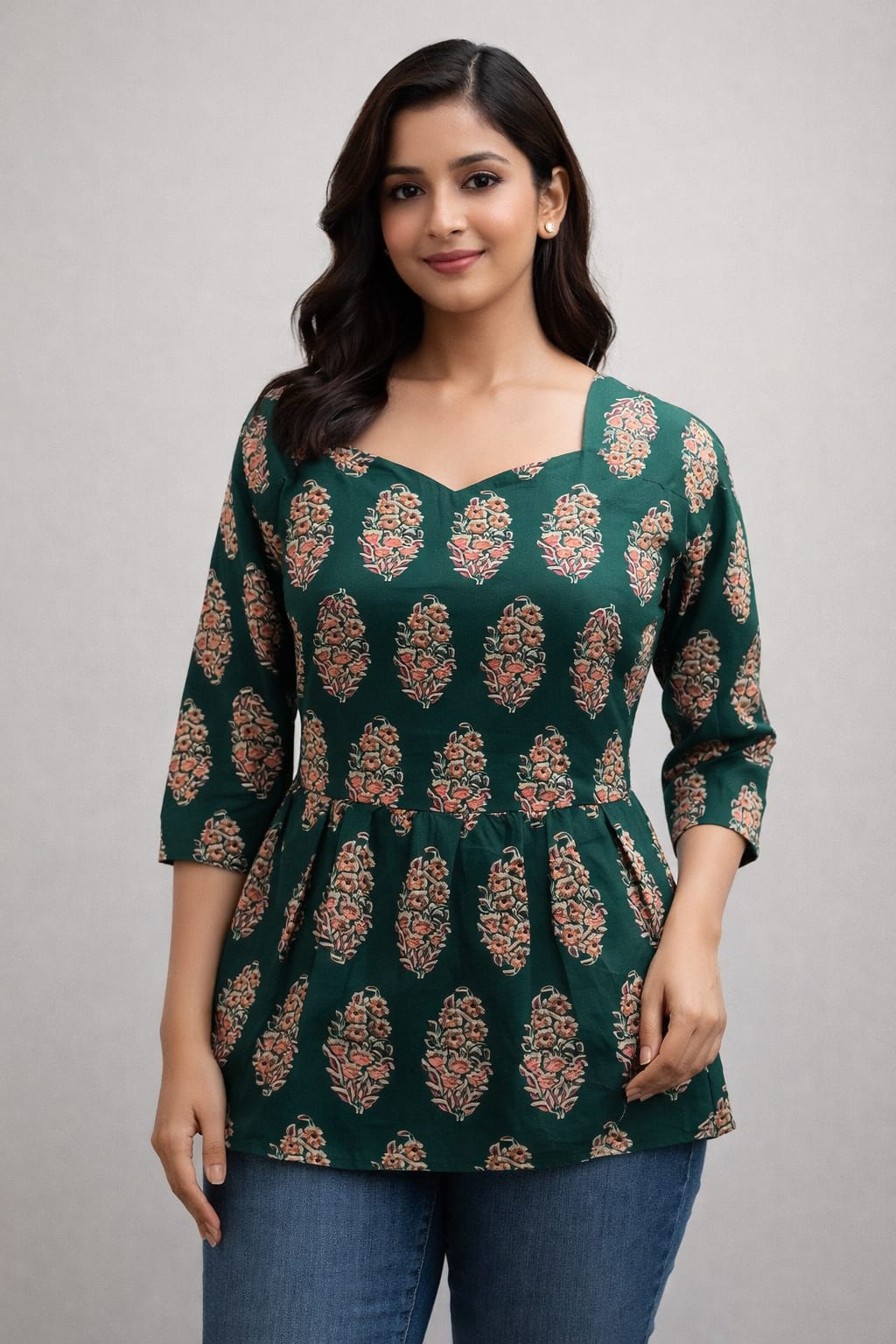 Dark Green Pure Cotton Peplum Short Kurti