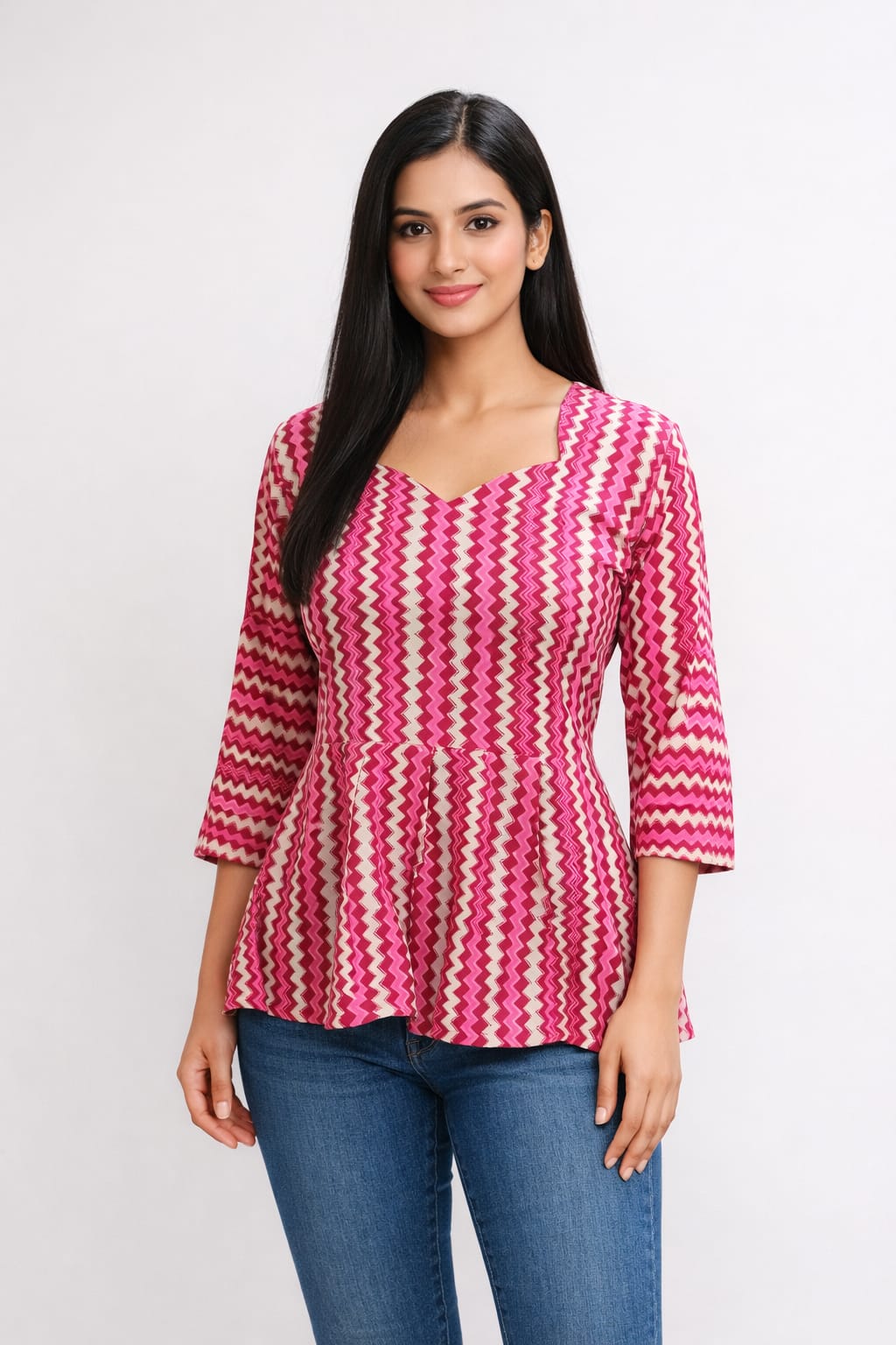 Pink ZigZag Pure Cotton Peplum Short Kurti