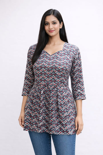 Ash and white Pure Cotton Peplum Short Kurti
