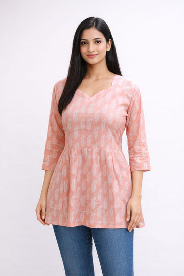 Light Peach Pure Cotton Peplum Short Kurti