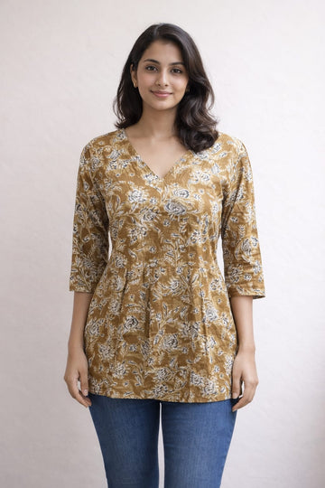 Mustard  Pure Cotton Peplum Short Kurti