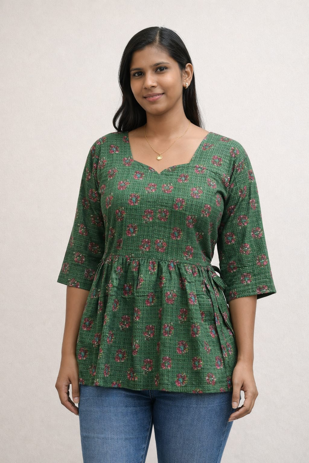 Green Pure Cotton Peplum Short Kurti