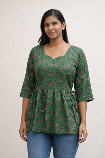 Green Pure Cotton Peplum Short Kurti