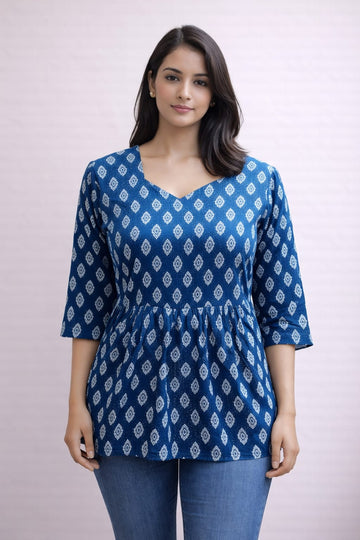 Blue Pure Cotton Peplum Short Kurti