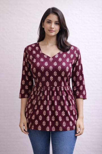 Maroon  Pure Cotton Peplum Short Kurti