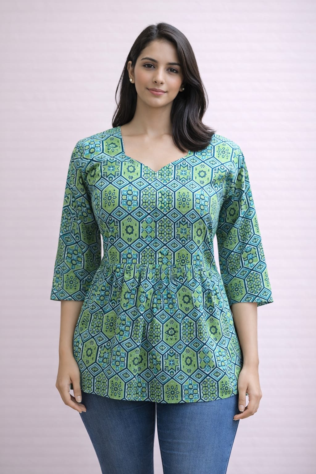 Green  Pure Cotton Peplum Short Kurti