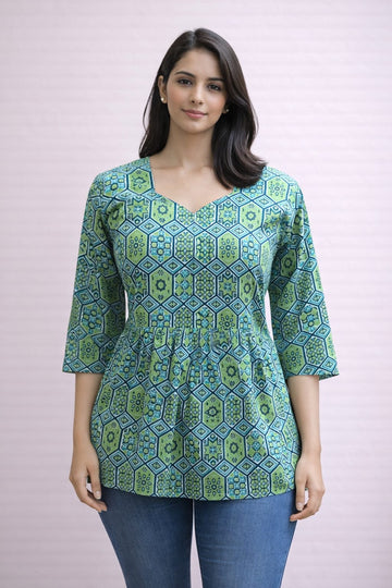 Green  Pure Cotton Peplum Short Kurti