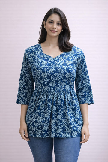 Blue  Pure Cotton Peplum Short Kurti
