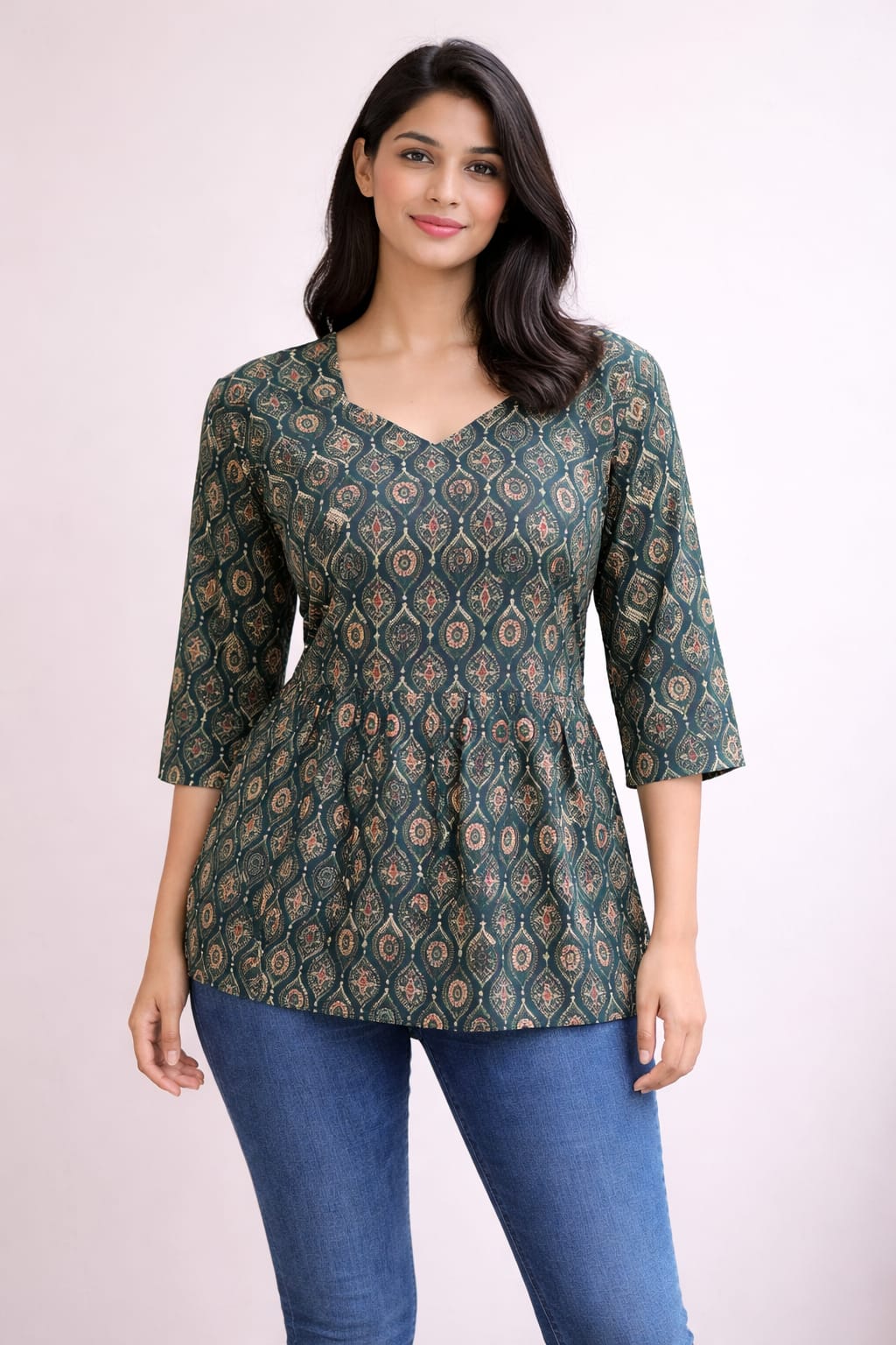 Green Pure Cotton Peplum Short Kurti
