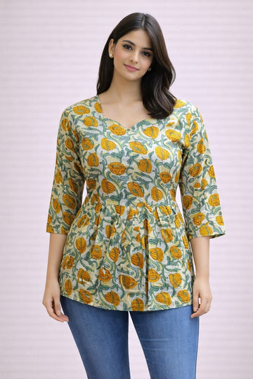 Yellow Pure Cotton Peplum Short Kurti
