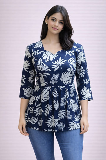 Navy Blue Pure Cotton Peplum Short Kurti