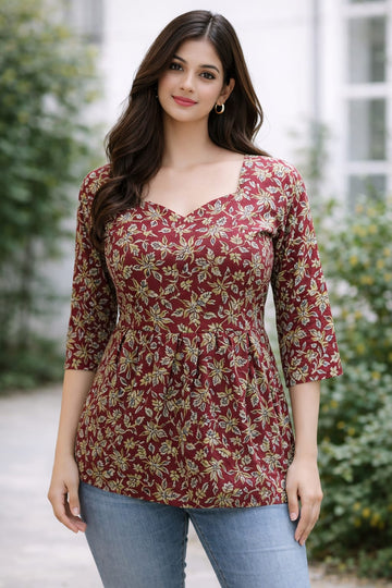 Red Maroon  Pure Cotton Peplum Short Kurti