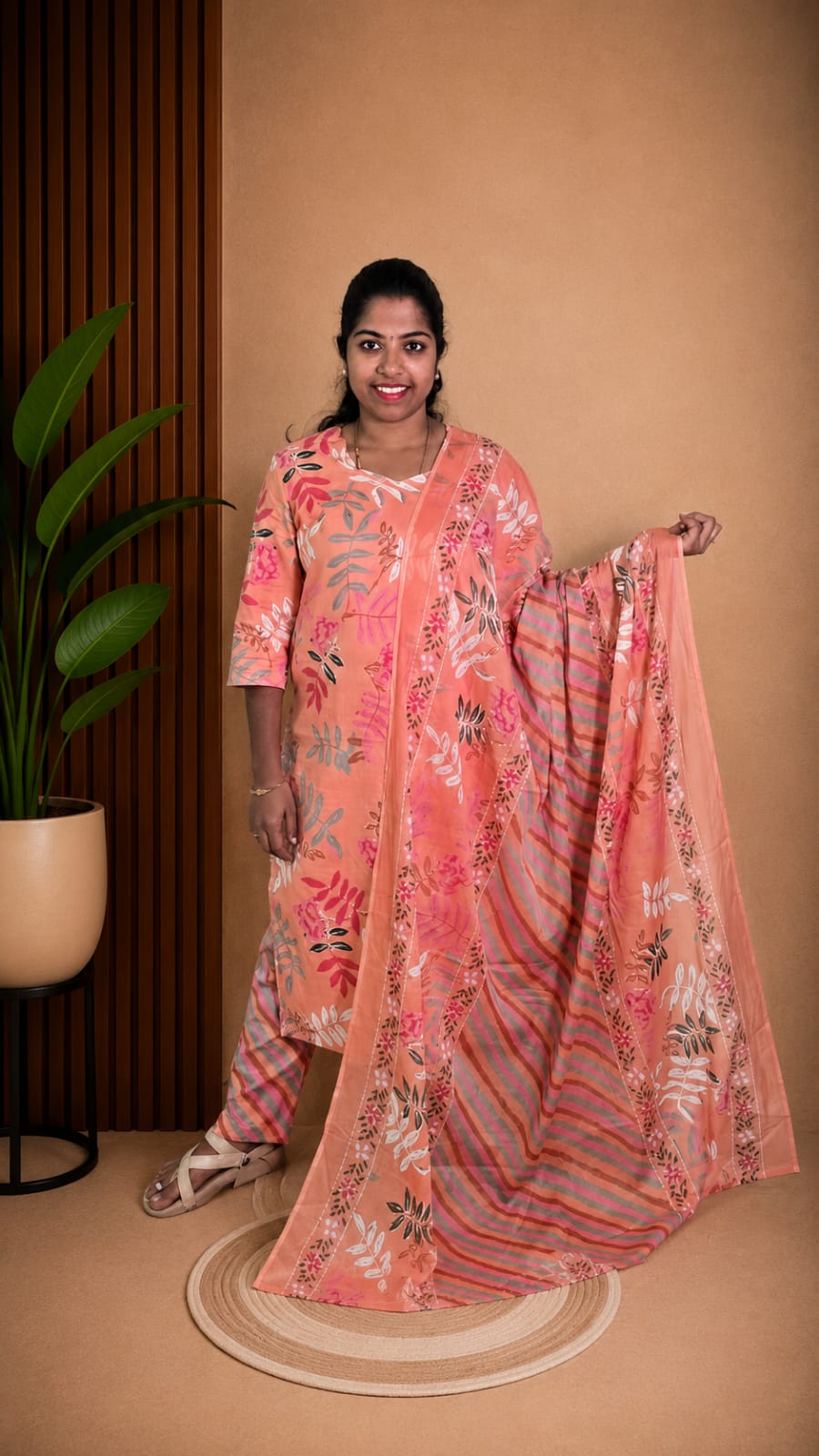 Light Peach Soft Printed Cotton 3 Piece Kurta Set With Lining for Women | Office & Daily Wear