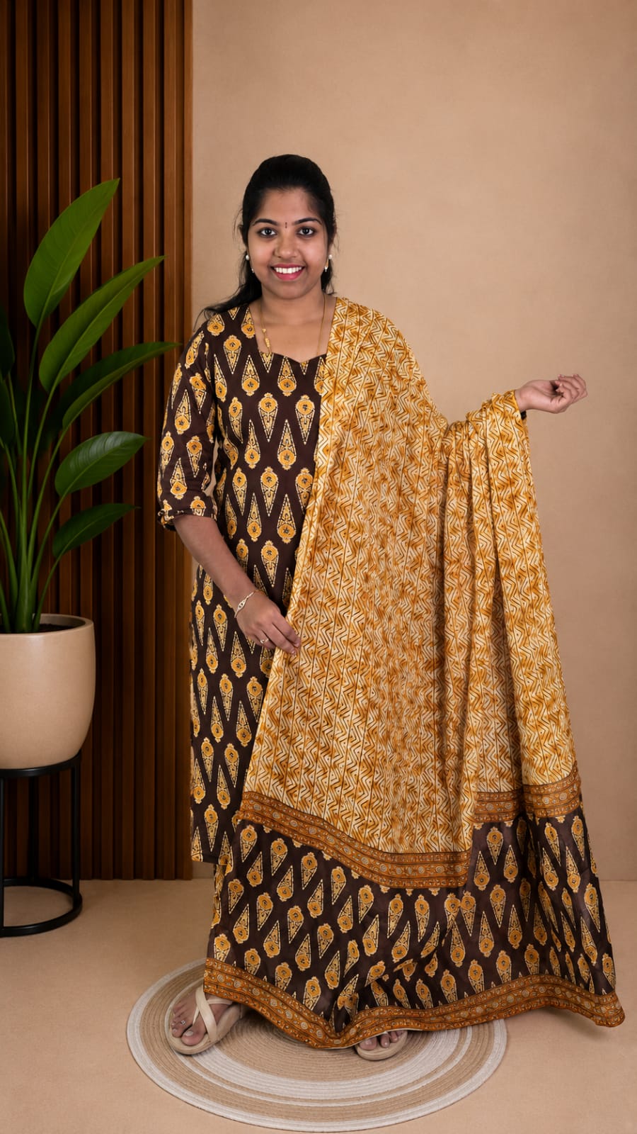 Coffee Brown Soft Printed Cotton 3 Piece Kurta Set With Lining for Women | Office & Daily Wear