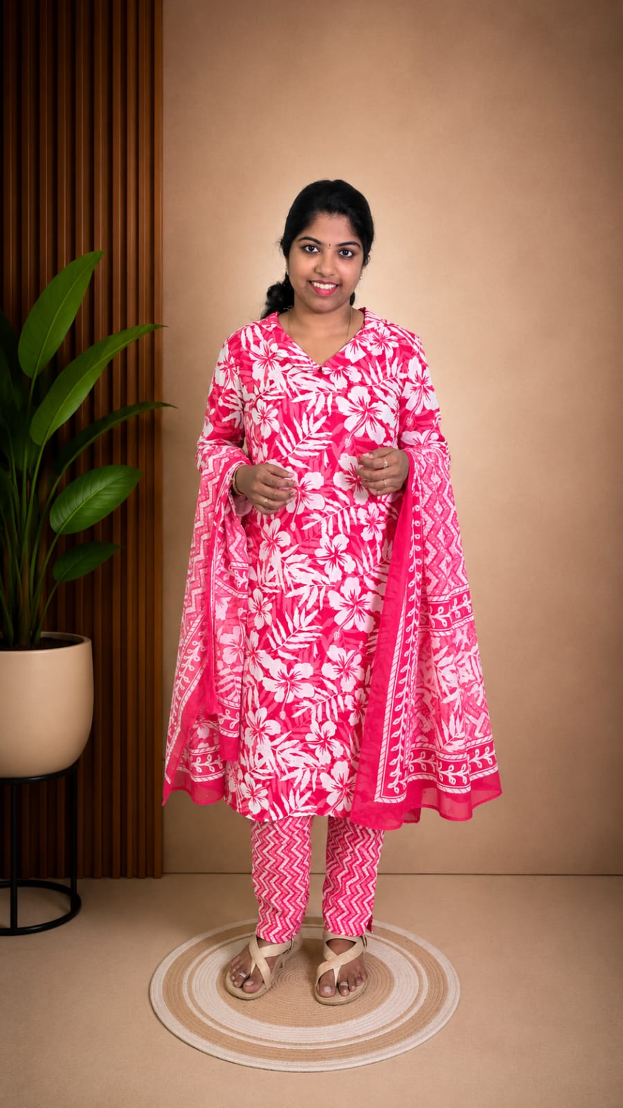 Tomato Red Soft Printed Cotton 3 Piece Kurta Set With Lining for Women | Office & Daily Wear