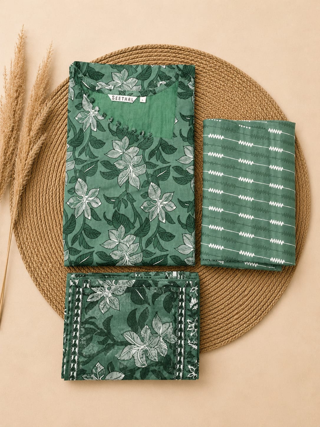 Green Soft Printed Cotton 3 Piece Kurta Set With Lining for Women | Office & Daily Wear - 2008