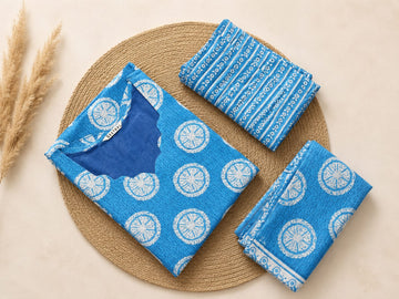 Blue Soft Printed Cotton 3 Piece Kurta Set With Lining for Women | Office & Daily Wear - 2007