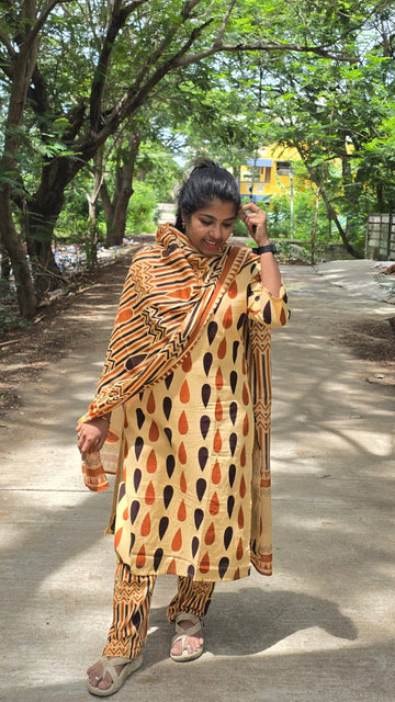 Light Cream Soft Printed Cotton 3 Piece Kurta Set With Lining for Women | Office & Daily Wear