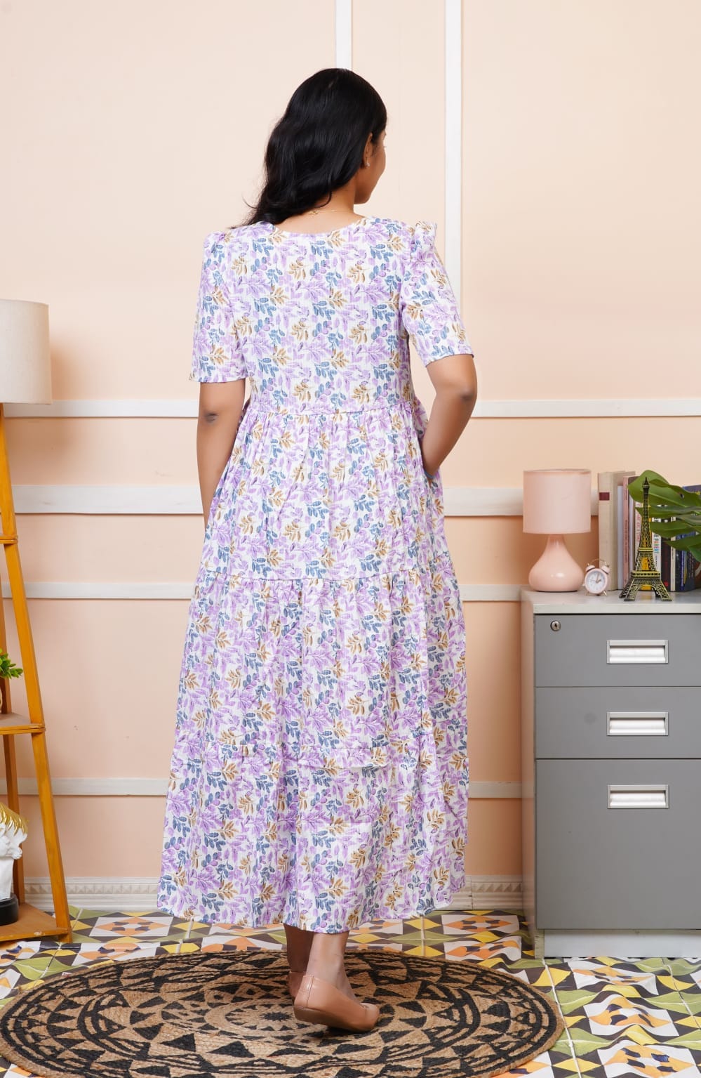 Lavender Hand Block Kantha Cotton Maxi Dress