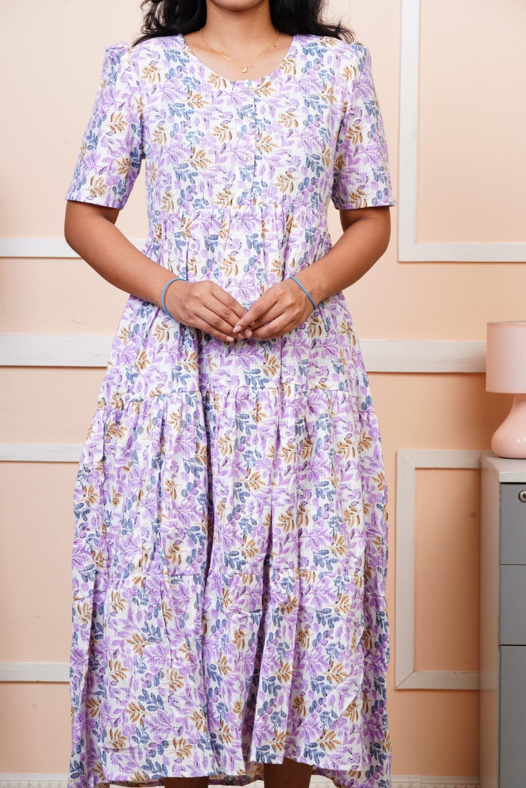 Lavender Hand Block Kantha Cotton Maxi Dress