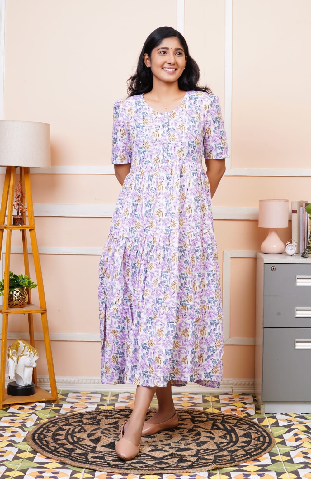 Lavender Hand Block Kantha Cotton Maxi Dress