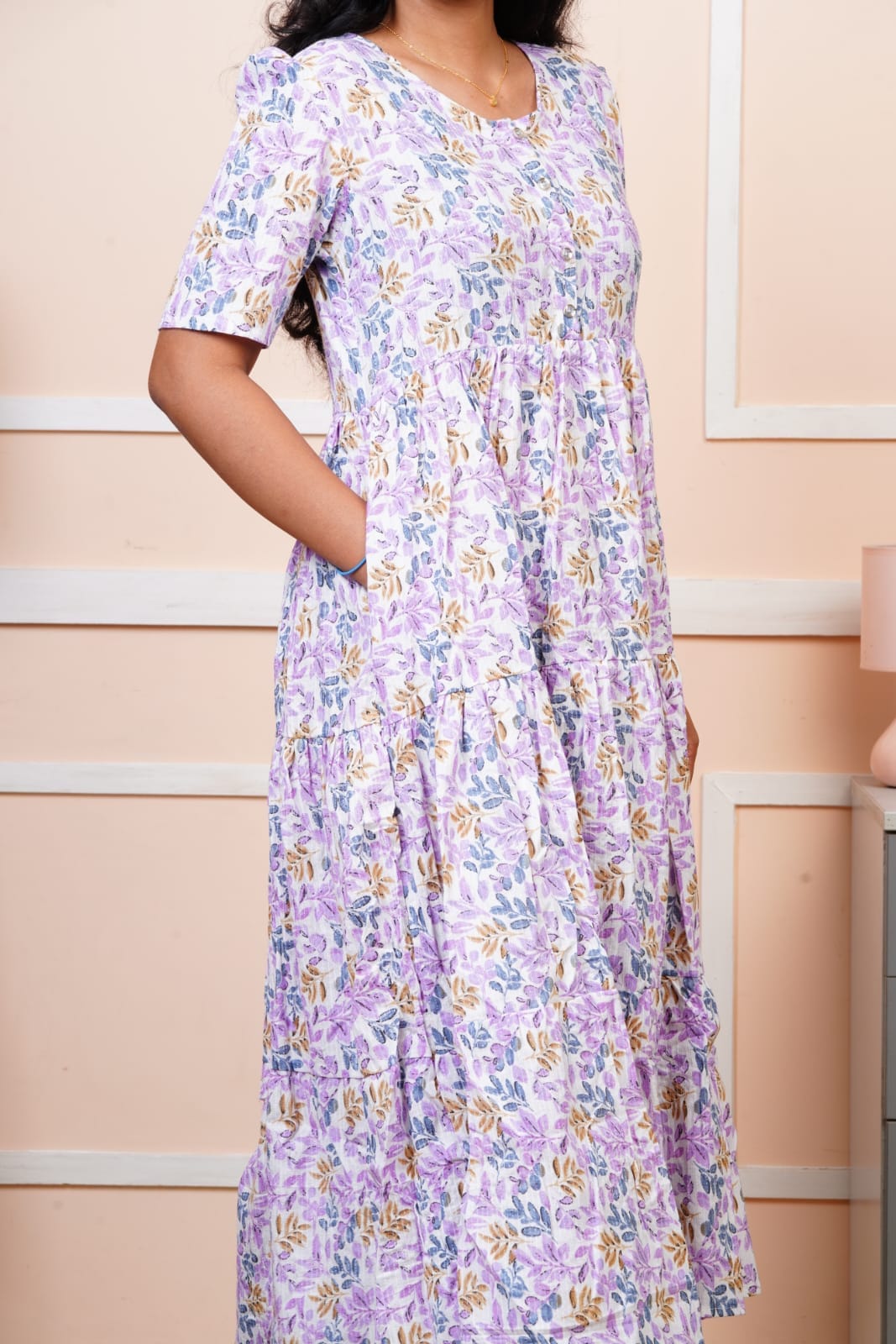 Lavender Hand Block Kantha Cotton Maxi Dress