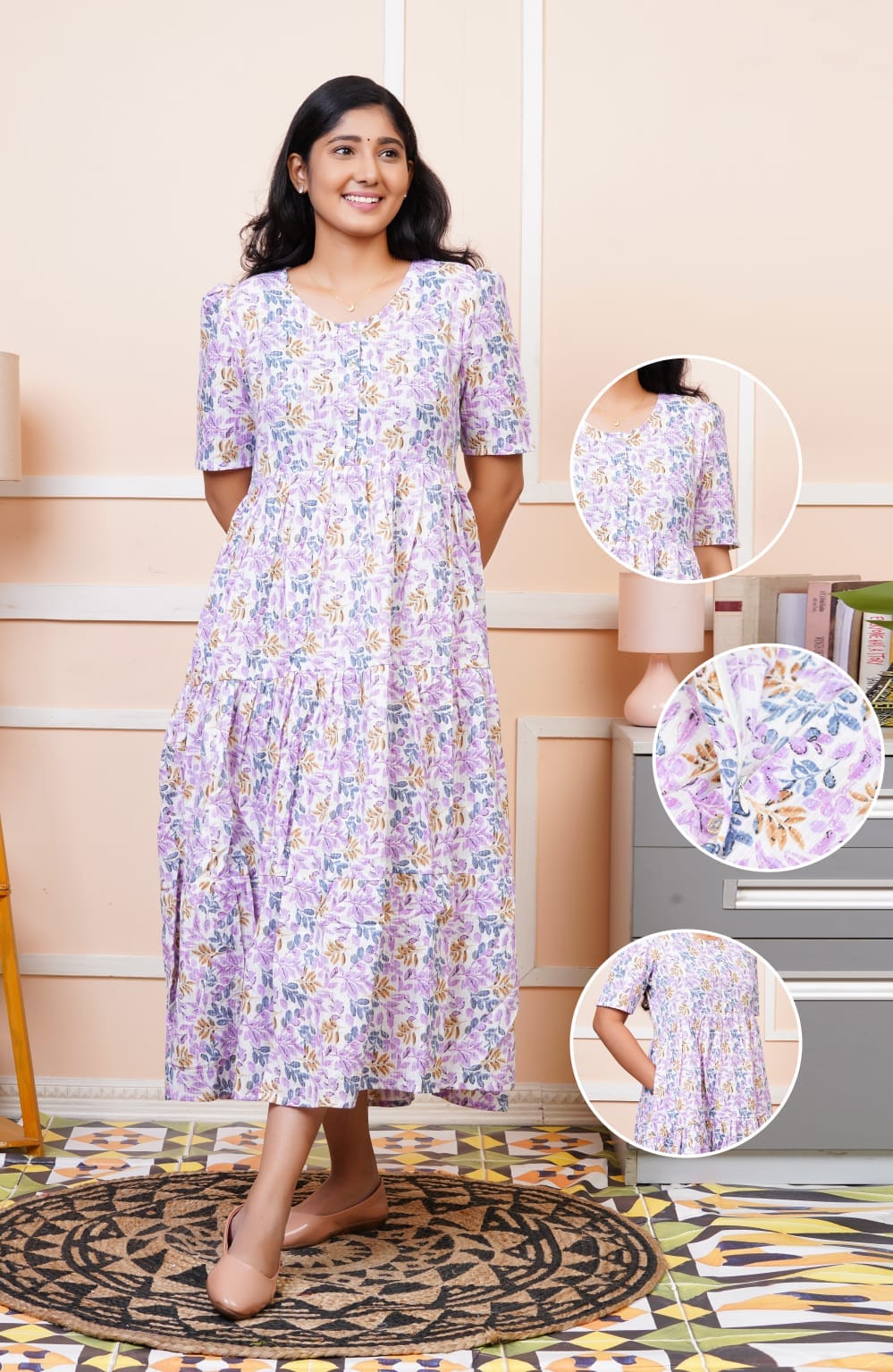 Lavender Hand Block Kantha Cotton Maxi Dress