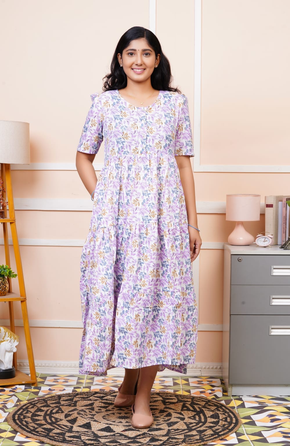 Lavender Hand Block Kantha Cotton Maxi Dress