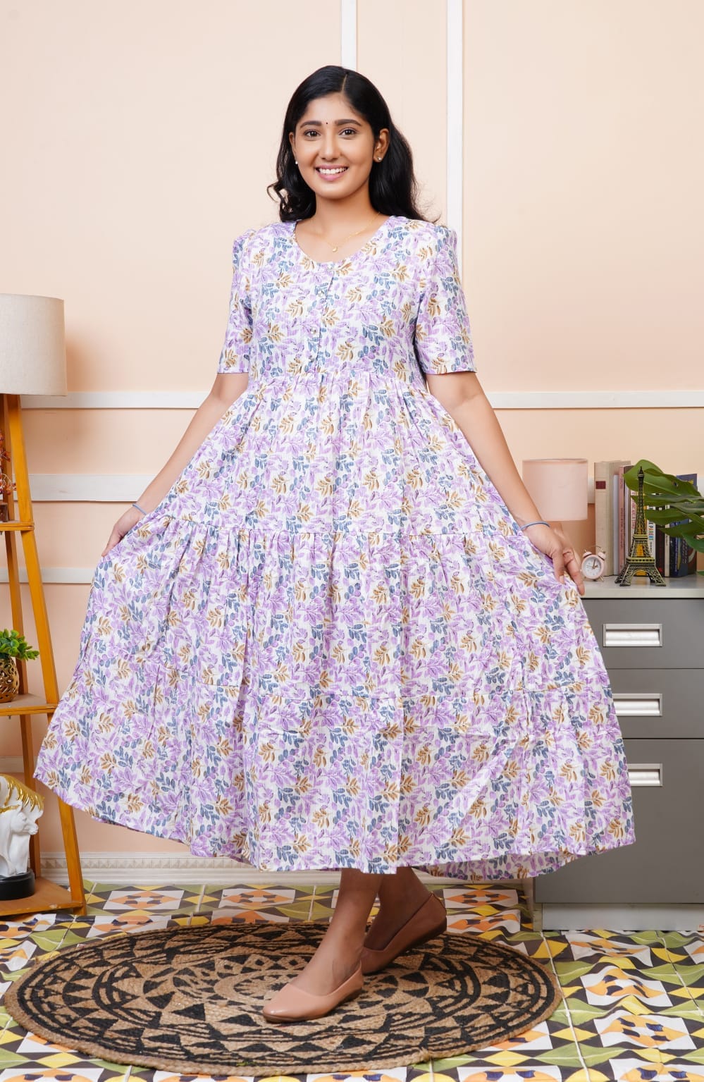 Lavender Hand Block Kantha Cotton Maxi Dress