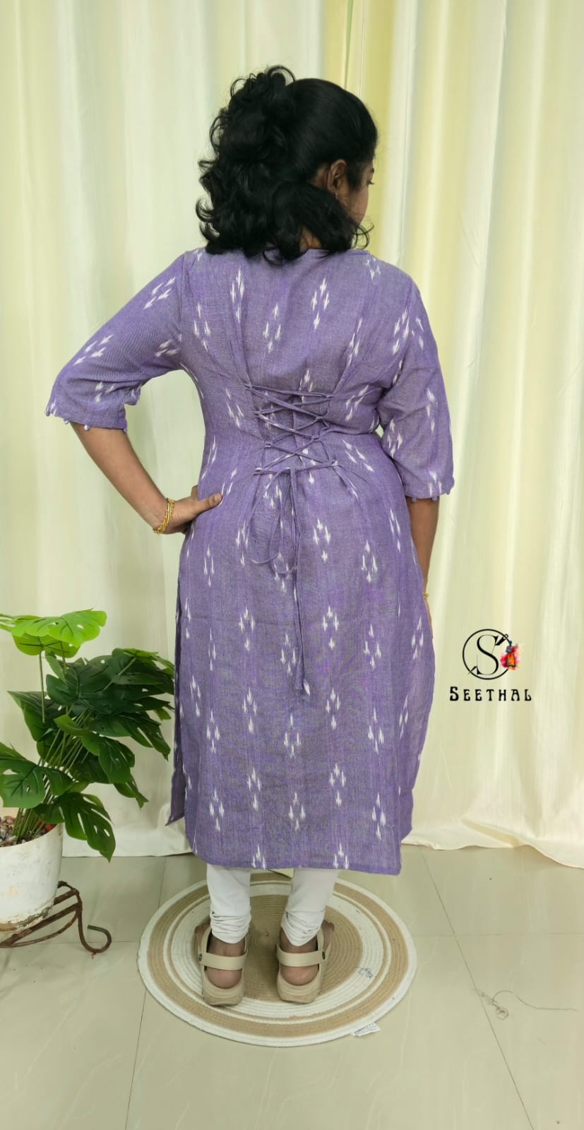 Lavender Ikkat Cotton Side Slit Kurti with Adjustable Back Corset