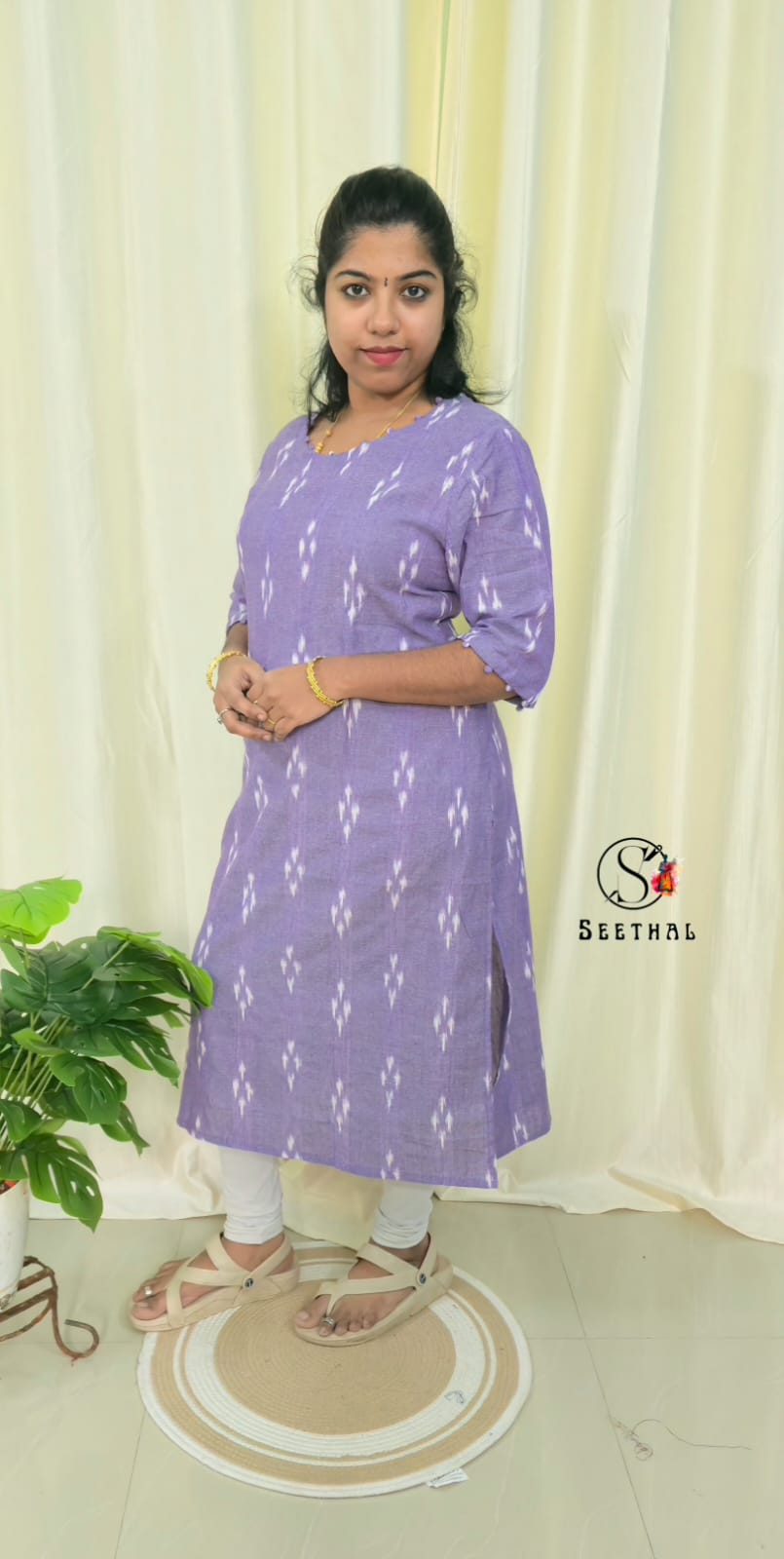Lavender Ikkat Cotton Side Slit Kurti with Adjustable Back Corset