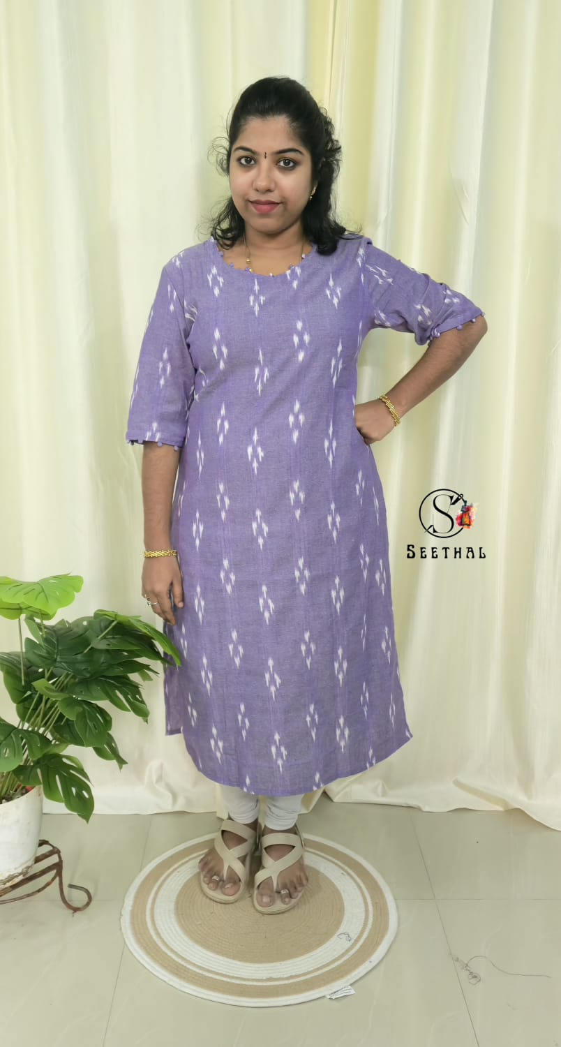 Lavender Ikkat Cotton Side Slit Kurti with Adjustable Back Corset