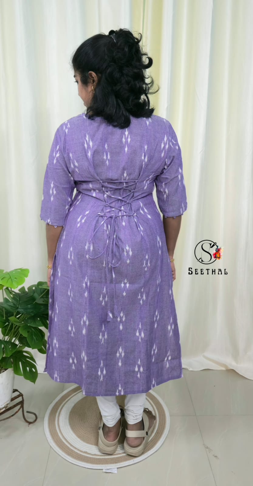 Lavender Ikkat Cotton Side Slit Kurti with Adjustable Back Corset