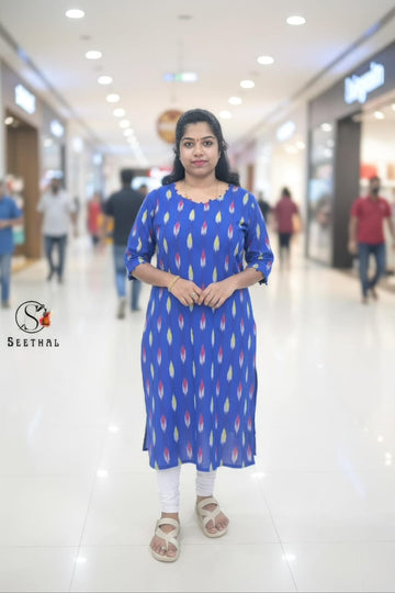 Royal Blue Ikkat Cotton Side Slit Kurti with Adjustable Back Corset